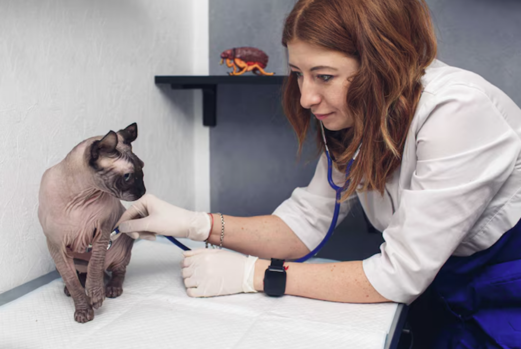 A vet examining a cat during a checkup